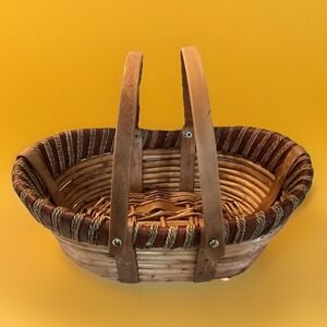 VTG Wood/Wicker Double Swivel Handles Gathering/ Picnic Basket-15" by 11"